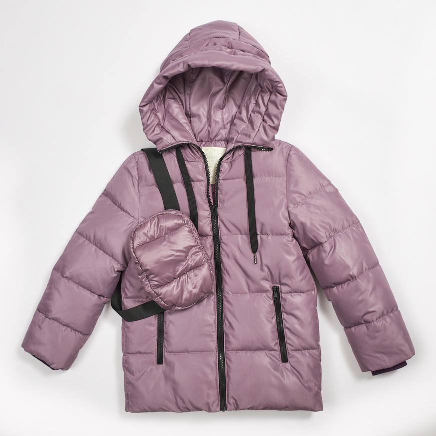 EVITA jacket in purple color with hood and matching bag.