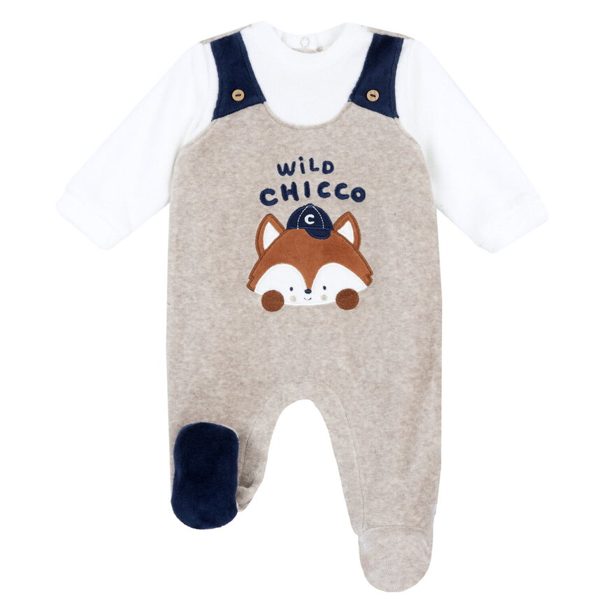 CHICCO velor jumpsuit in beige color with dungarees pattern.