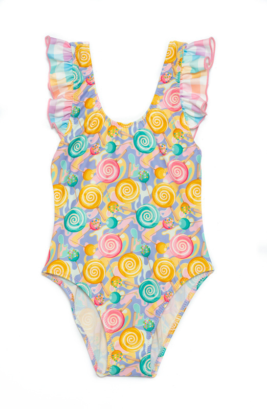 TORTUE one-piece swimsuit with lollipop print.