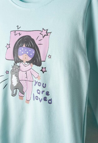 HOMMIES pajamas with matching sleep mask in light blue-gray.