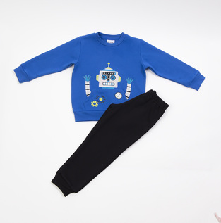 Σετ φόρμας TRAX, μπλούζα σε χρώμα μπλε ρουά με τύπωμα ρομπότ και παντελόνι με λάστιχο στο τελείωμα.