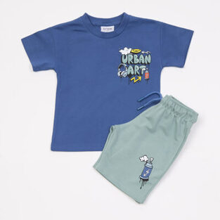TRAX shorts set in indigo blue with "URBAN ART" logo.