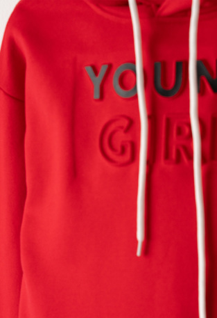 EBITA bodysuit set in red with "YOUNG GIRL" logo embossed.
