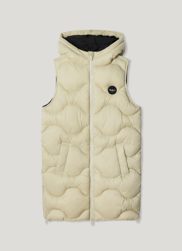 Αμάνικο μπουφάν PEPE JEANS σε μπεζ χρώμα με ενσωματωμένη κουκούλα.