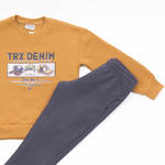 TRAX jumpsuit set in mustard color with embossed "TRX DENIM" logo.