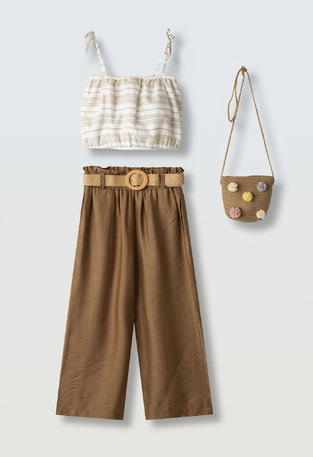 Σετ παντελόνα ΕΒΙΤΑ σε χρώμα εκρού με καφέ και ασορτί τσαντάκι.