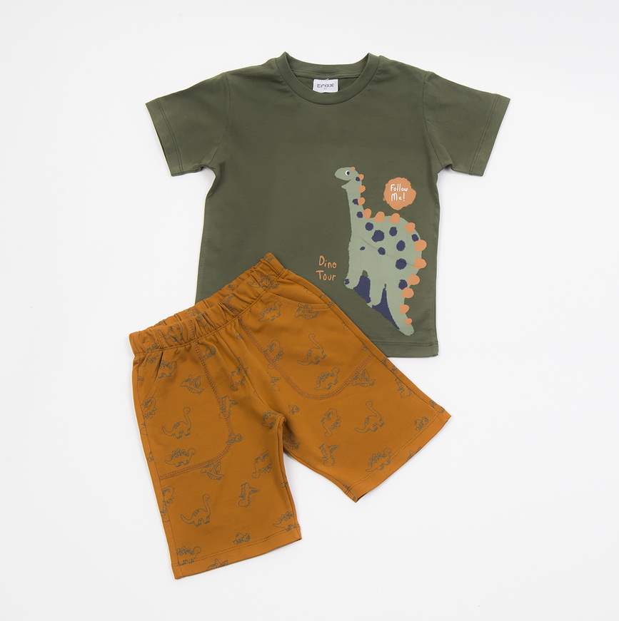 Set of TRAX shorts, olive colored blouse and shorts with all over print.