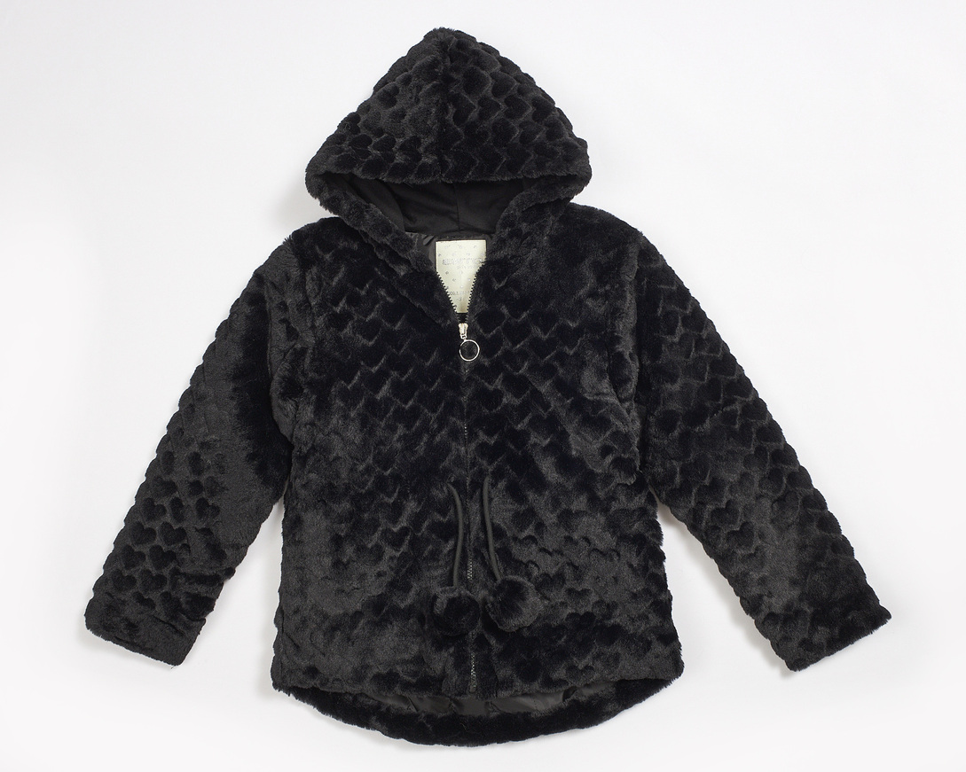 EBITA fur coat in black color with hood.