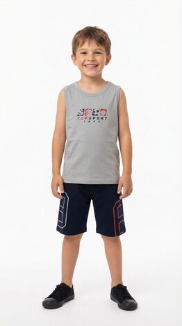 TRAX sleeveless blouse and shorts set in dark gray-blue.