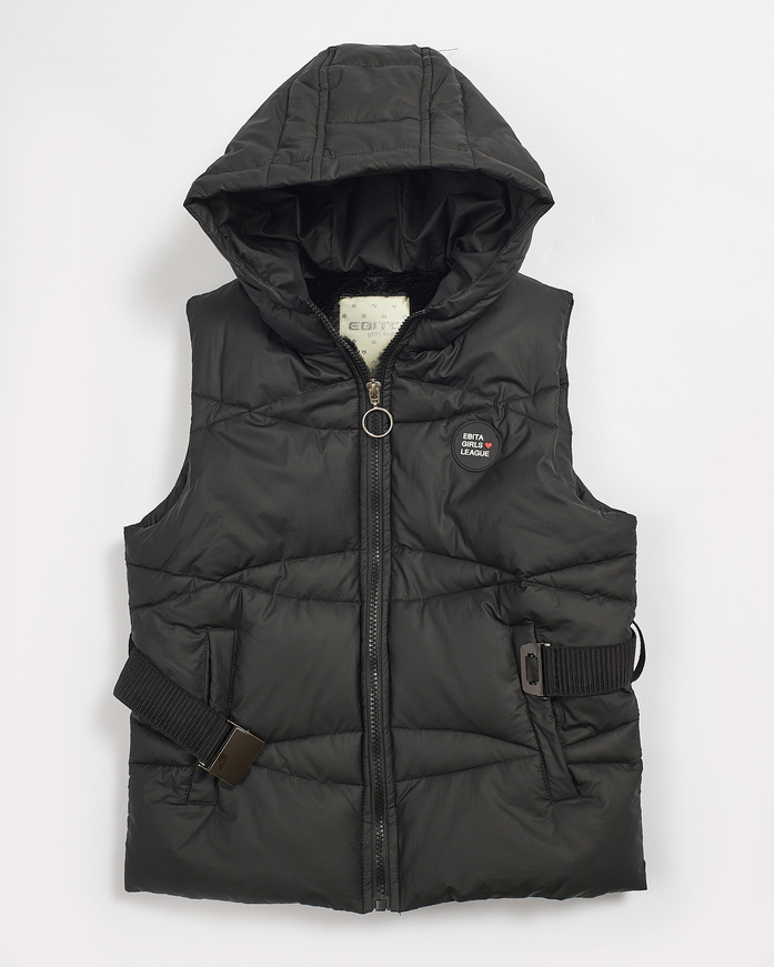 EBITA sleeveless jacket in black color with hood.