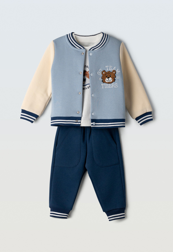 Σετ 3 τεμ. HASHTAG, μπλούζα βαμβακερή, παντελόνι φούτερ και ζακέτα σε εκρού-σιέλ χρώμα.