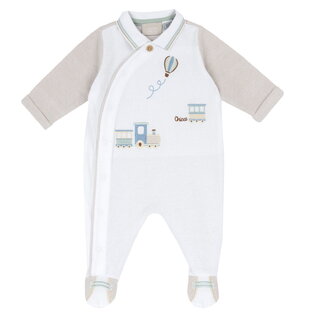 CHICCO bodysuit in white and beige color with appliqué train pattern.