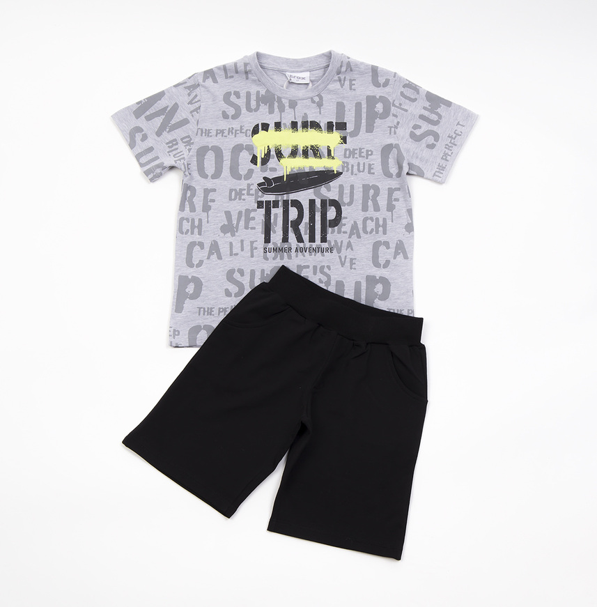 TRAX shorts set, gray shirt with surfboard print and cotton shorts.