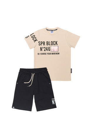 SPRINT shorts set in beige color with "RE-CHARGE YOUR MIND NOW" logo.
