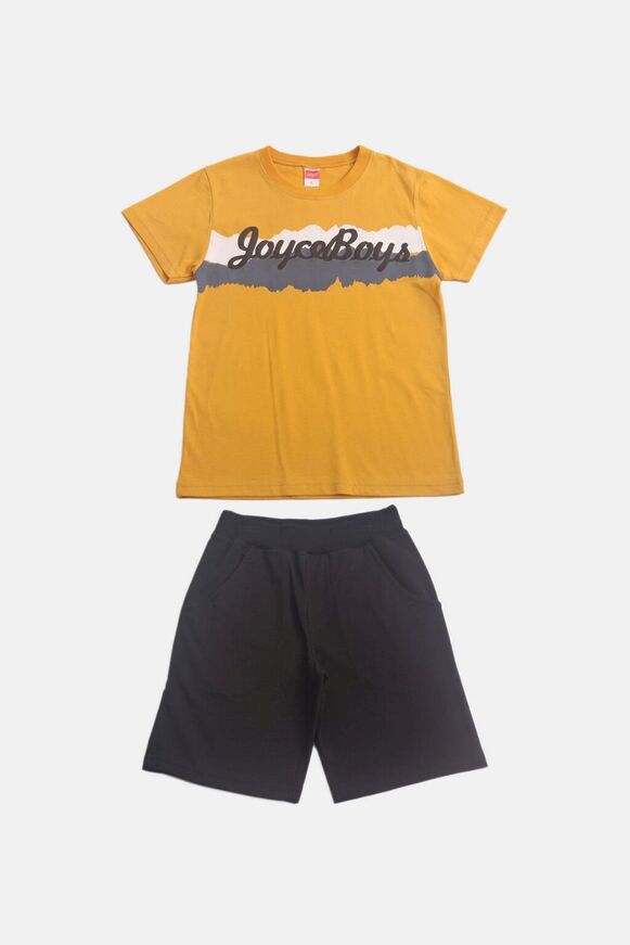 JOYCE shorts set in mustard color with "Joyce Boys" print.
