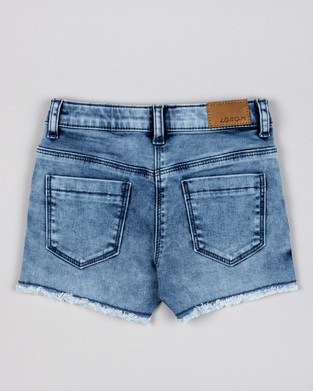 LOSAN denim shorts in a stonewashed blue color with ruffles at the hem.