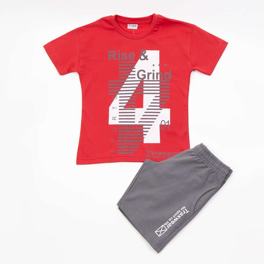 TRAX shorts set in red with "Rise & Grind" embossed print.