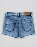 LOSAN denim shorts in blue stonewashed color with ruffles at the hem.