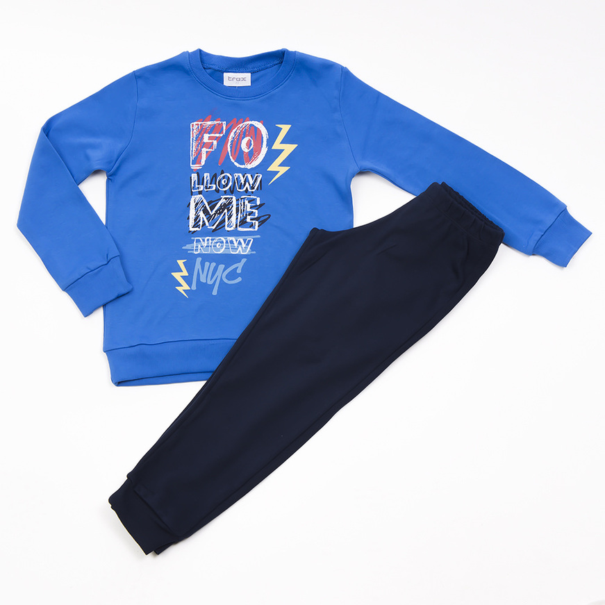 TRAX pajamas in roux blue with embossed print on the front.