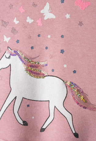 EBITA tracksuit set in pink color with hood and embossed unicorn print.