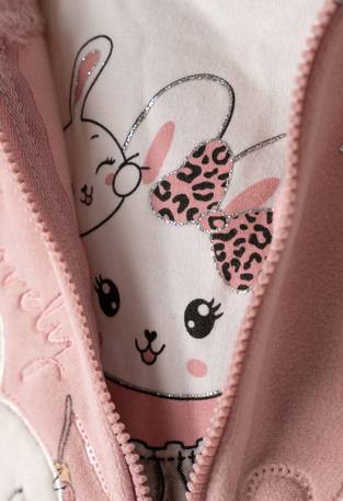Set of 3 velvet jumpsuits. EBITA in pink color with embossed bunnies print. 