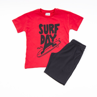 TRAX shorts set in red with "SURF DAY" logo.