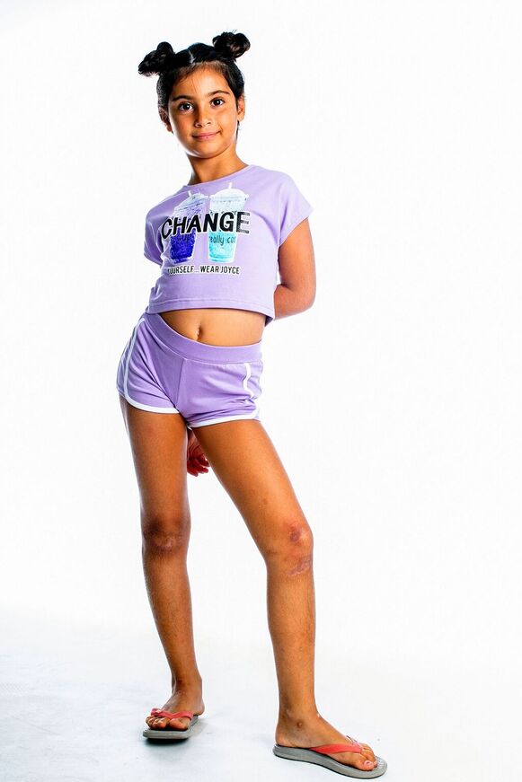Set of JOYCE shorts, lilac crop top and shorts with elastic waist.