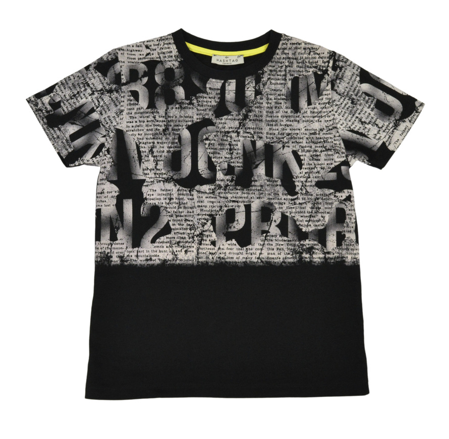 HASHTAG T-shirt in black color with newspaper print.