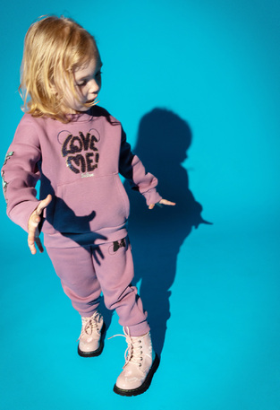 EBITA tracksuit set in dark purple color with embossed "LOVE ME" logo.
