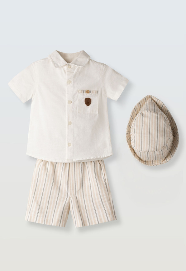 Σετ 2 τεμ. HASHTAG,  πουκάμισο σε χρώμα εκρού, βερμούδα και ασορτί καπέλο.