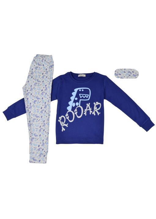 HOMMIES pajamas in blue color with dinosaur print and matching sleep mask.