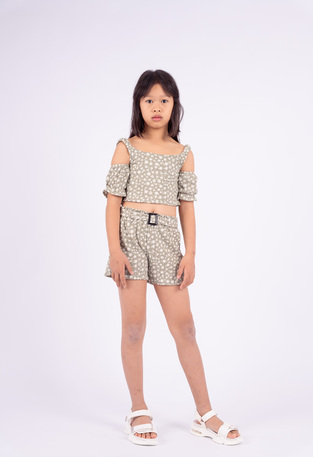 EBITA shorts set in olive color with all over floral design.
