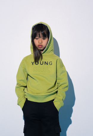 EBITA bodysuit set in light green with "YOUNG GIRL" logo embossed.