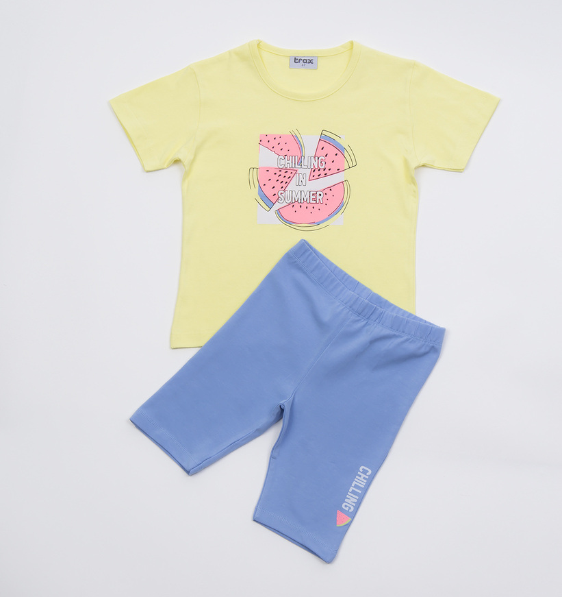 Set of TRAX leggings, yellow top and cycling leggings with print.