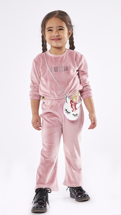 EBITA velor tracksuit set in pink with a matching unicorn bag.