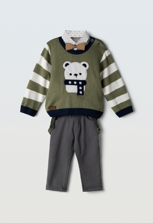 Set of 3 pcs. HASHTAG, bow tie shirt, suspender pants and olive knit.