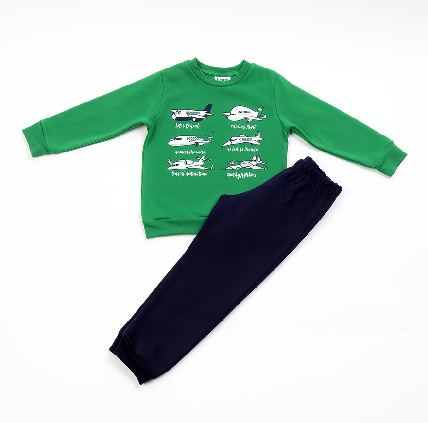 TRAX tracksuit set, green blouse with airplane print and sweatpants.