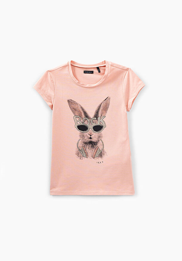 IKKS cotton T-shirt with short sleeves, round neck, in pink color, with rabbit-rock print.