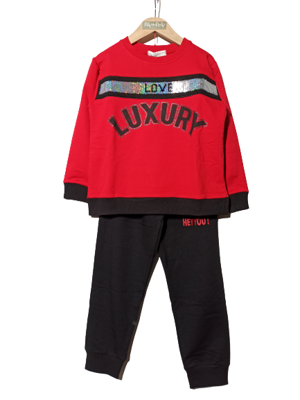 Ebita tracksuit set, sweatshirt in red and sweatpants in black.