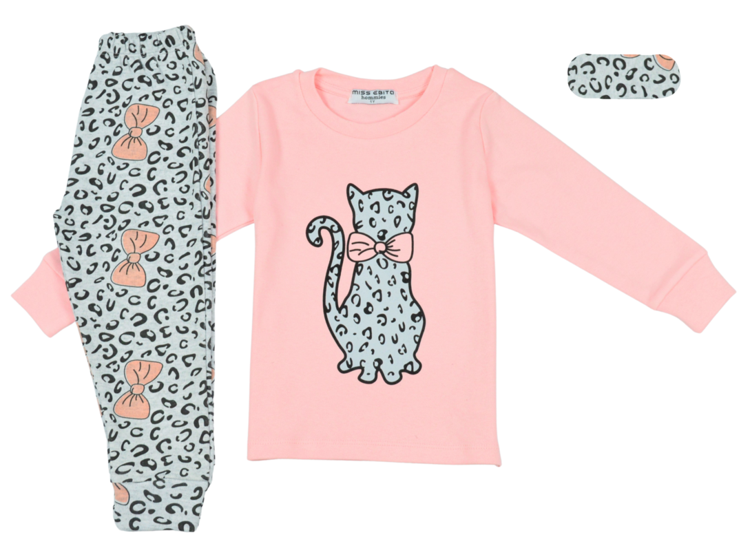 HOMMIES pajamas in salmon color and matching sleep mask.