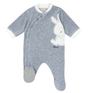 CHICCO velor jumpsuit in gray melange color with embossed bunny print.