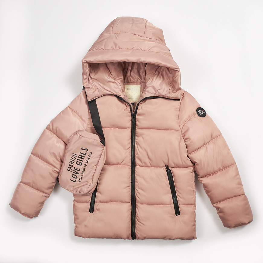 EBITA jacket in pink color with hood and matching bag.