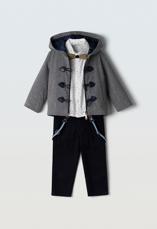 Set of 3 pcs. HASHTAG, bow tie shirt, suspender pants and hooded coat.