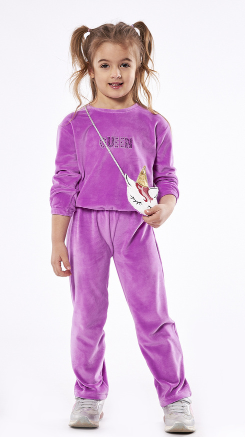 EBITA velor suit set in purple color with a matching unicorn bag.
