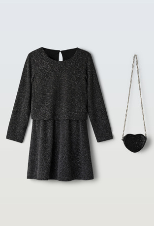 EBITA dress in black with glitter and matching bag.
