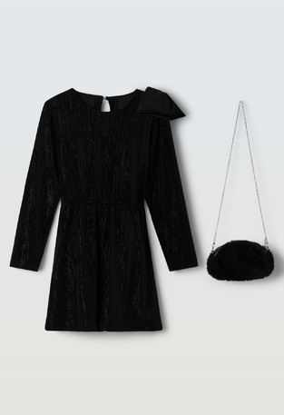 EBITA velor dress in black color with matching bag.