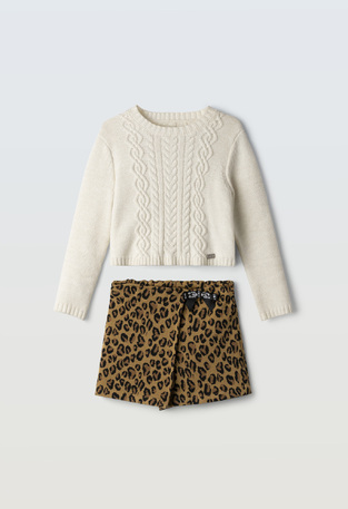 EBITA shorts set in off-white and brown with animal print.