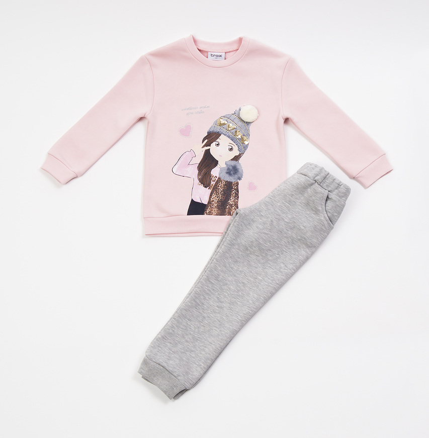 TRAX tracksuit set, pink sweatshirt with pom-pom detail and sweatpants with elasticated waist.