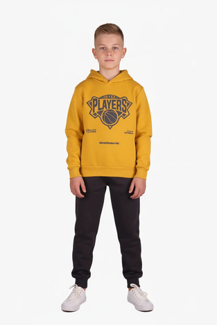 JOYCE tracksuit set in mustard-charcoal color.