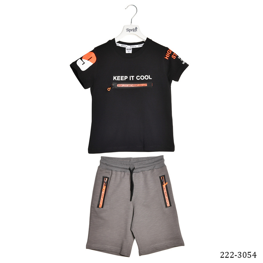 Set of SPRINT shorts, top with decorative zipper and shorts in gray color.